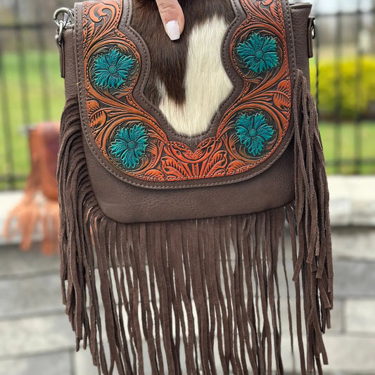 Trinity Ranch Genuine Hair-On Cowhide Tooled Fringe Crossbody Bag